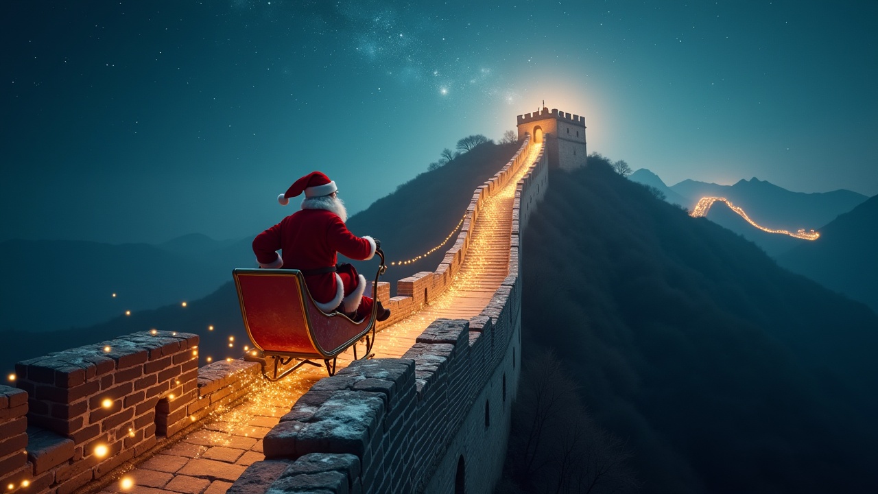 Create a magical atmosphere. Aerial shot of Santa flying on his sleigh leaving a trail of sparkles over The Great Wall of China. Shot with Arriflex Alexa. Ultrarealistic look.