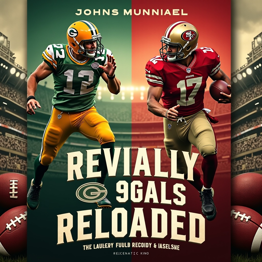 Design striking ebook cover for Rivalry Reloaded. Feature dynamic split image. One side with green and yellow colors and Packers player silhouette. Other side with red and gold hues alongside 49ers player. Incorporate vintage footballs and stadiums in the background. Use impactful modern font for title.