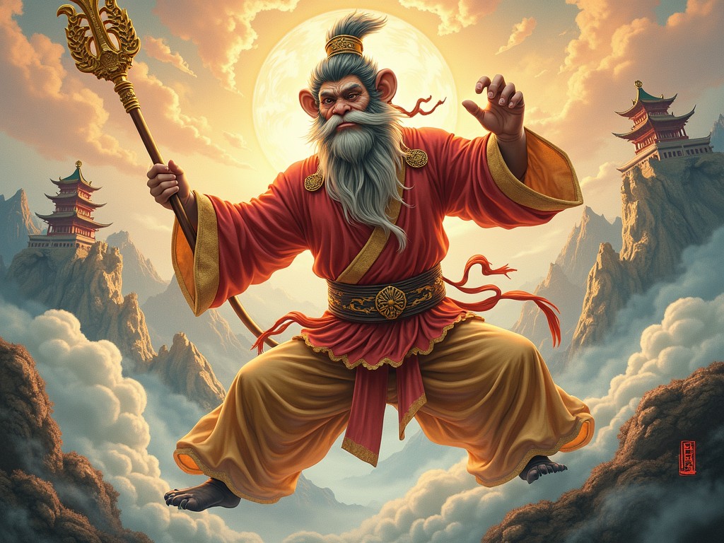 A mythical figure resembling the Monkey King stands prominently in mid-air with a golden staff, set against a dramatic background of misty mountains and ancient pagodas. The character wears ornate traditional garments with a billowing red robe and a wise expression, framed by a glowing, luminescent sky. This illustration captures a balance between serenity and power, evoking themes of legend and mythology.