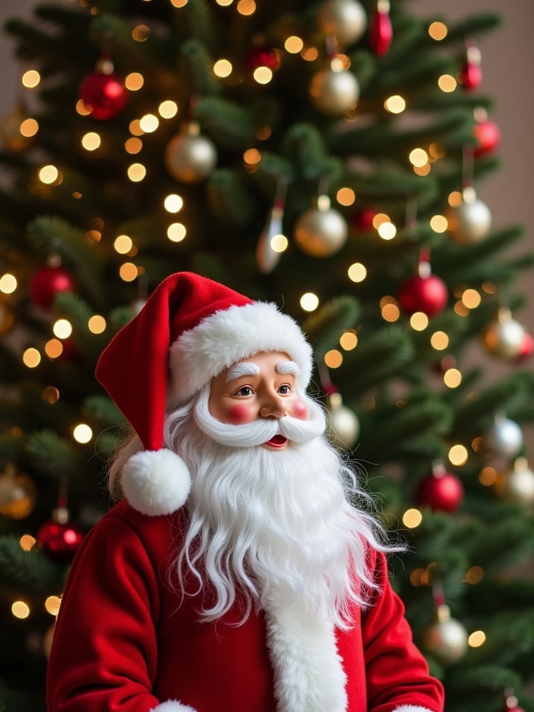 Santa Claus figure prominently displayed in front of a beautifully decorated Christmas tree adorned with lights and ornaments