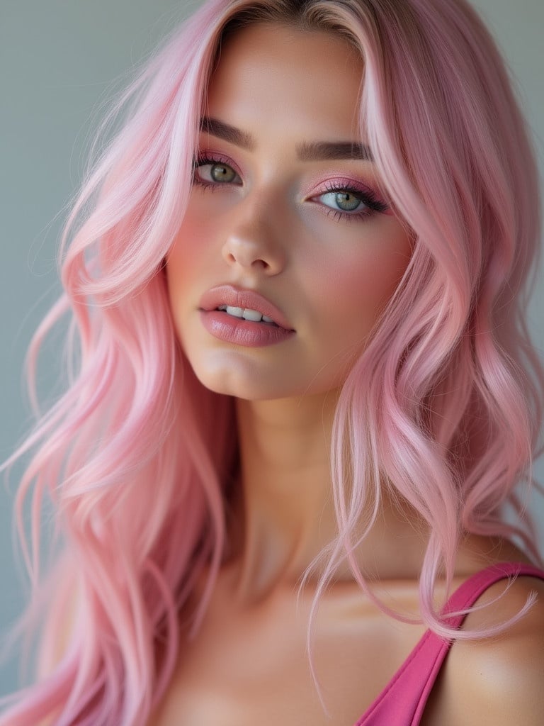 Closeup of a young woman in her twenties with long silky hair dyed pastel pink and white highlights.