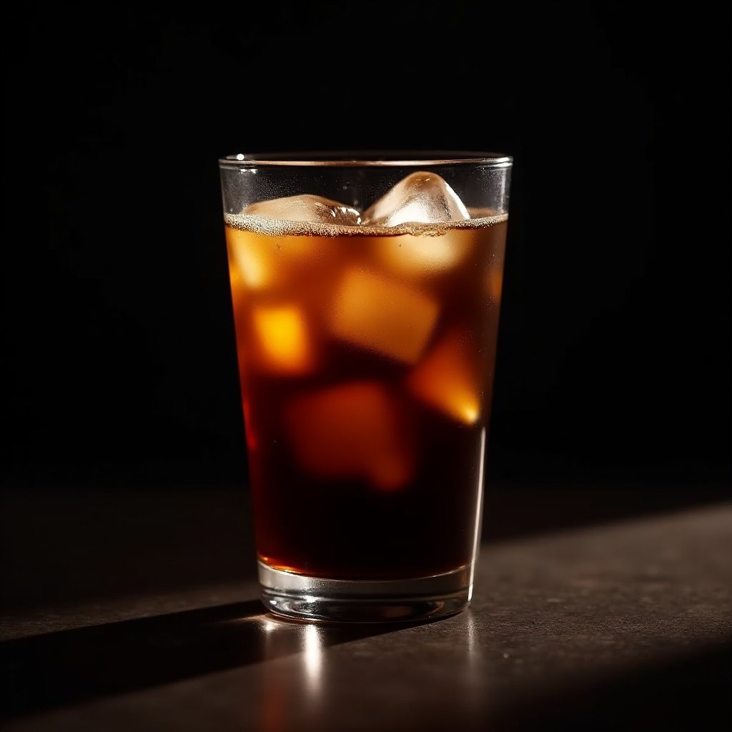 Iced Americano coffee in a clear glass filled with ice cubes. Dark background creates contrast with the drink. Light highlights the glass and ice.