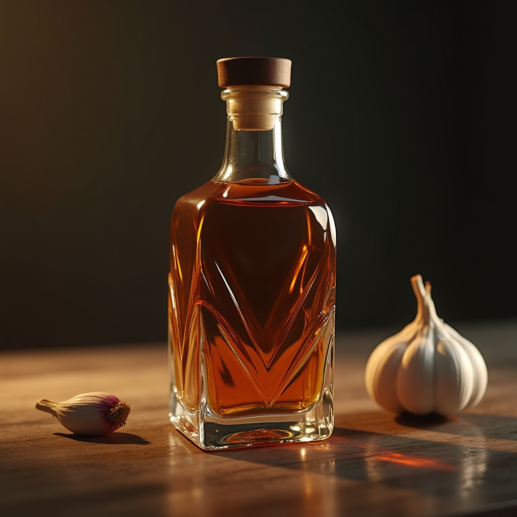 A beautifully lit bottle of amber liquid with garlic bulbs on a rustic table.