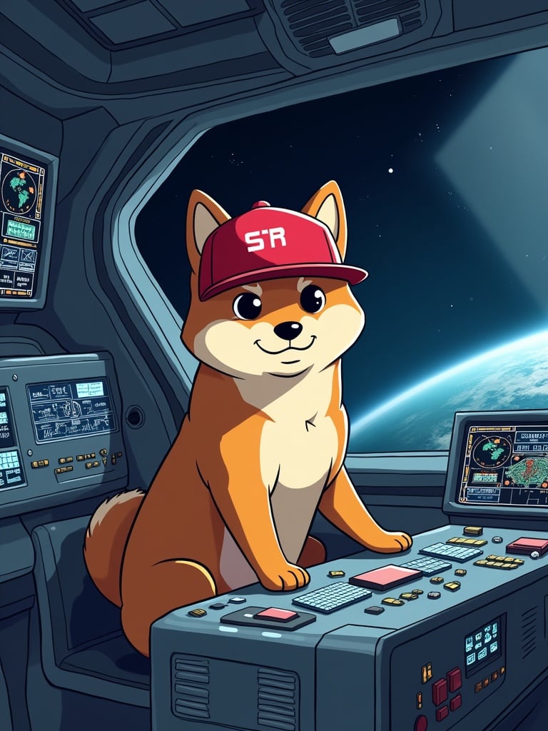 An animated Shiba dog character called $TRP wears a red baseball cap. The dog is sitting in a spaceship control room. The control panel is full of computers. Dark blue space is visible outside the window.