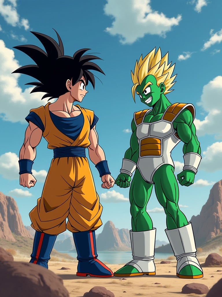 Two powerful characters facing each other in an anime-style battle scene. The first character has spiky black hair and orange outfit. The second character has green skin and a muscular physique with white and orange armor. The background features a desert landscape with mountains and a clear sky.