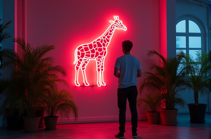 A person stands gazing at a neon art installation depicting a giraffe, with pinkish-red illumination casting a glow in the room, surrounded by potted plants.