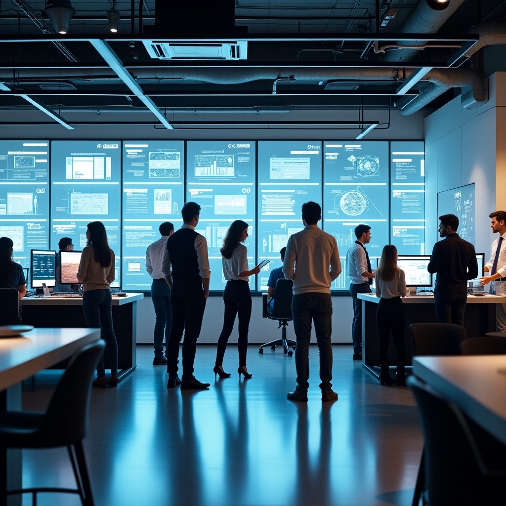 Modern office environment featuring professionals engaged in discussions around digital screens. Displays show various data and analytics.