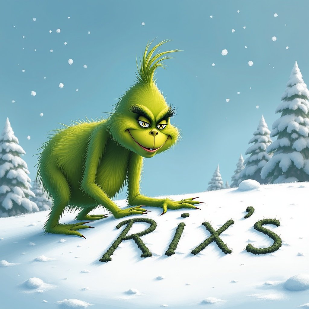 The Grinch is writing 'Rix's' in the snow.