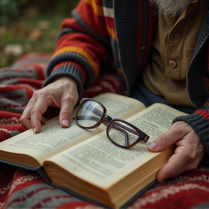 A person with a colorful sweater holds an open book with glasses resting on it.