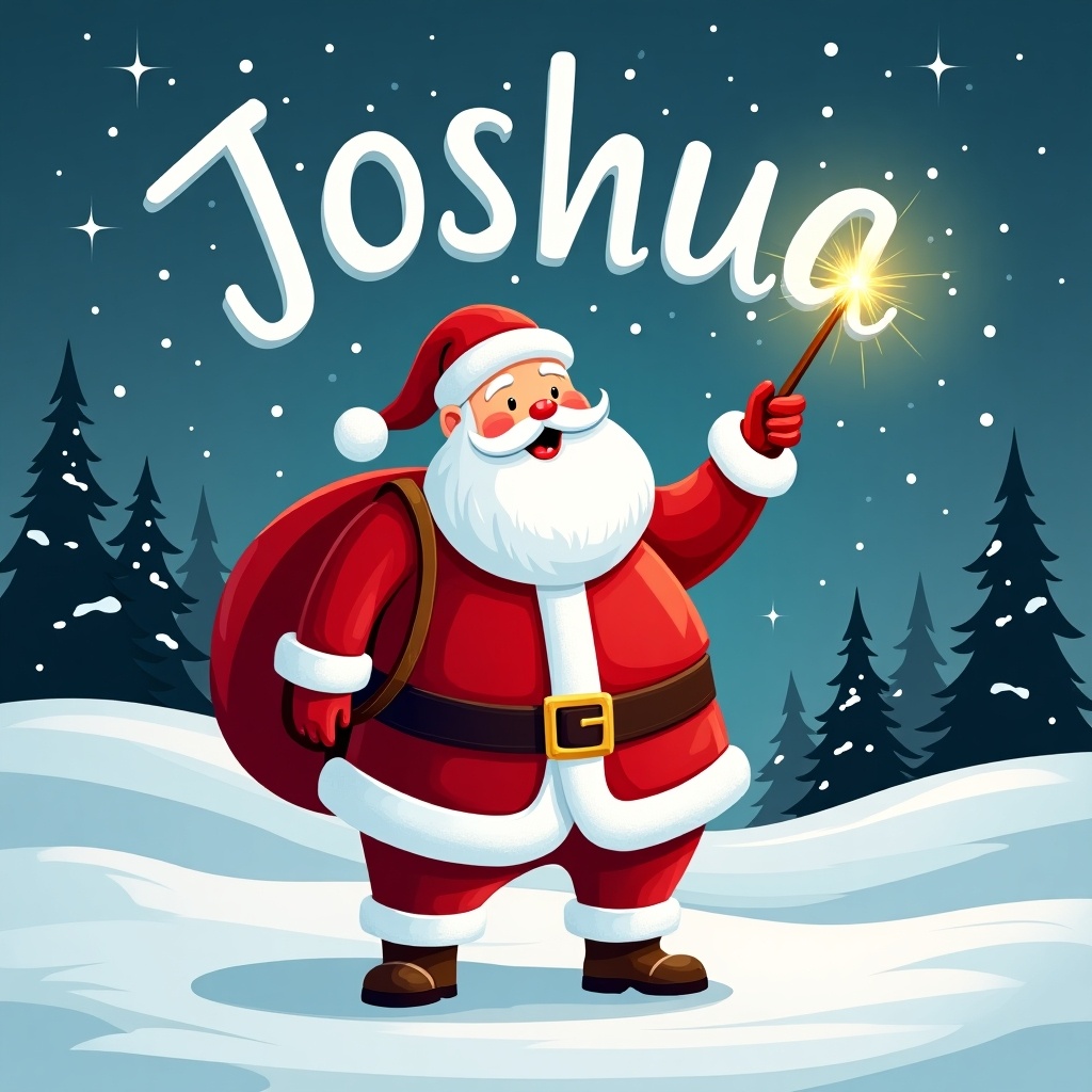 The image features a cheerful Santa Claus standing in a snowy landscape. He holds a magic wand, ready to write the name Joshua in the sky. Santa's outfit is traditional, in vibrant red and white, complete with a belt. A large red sack is slung over his shoulder. The background is a beautiful snowy landscape with evergreen trees and twinkling stars above.