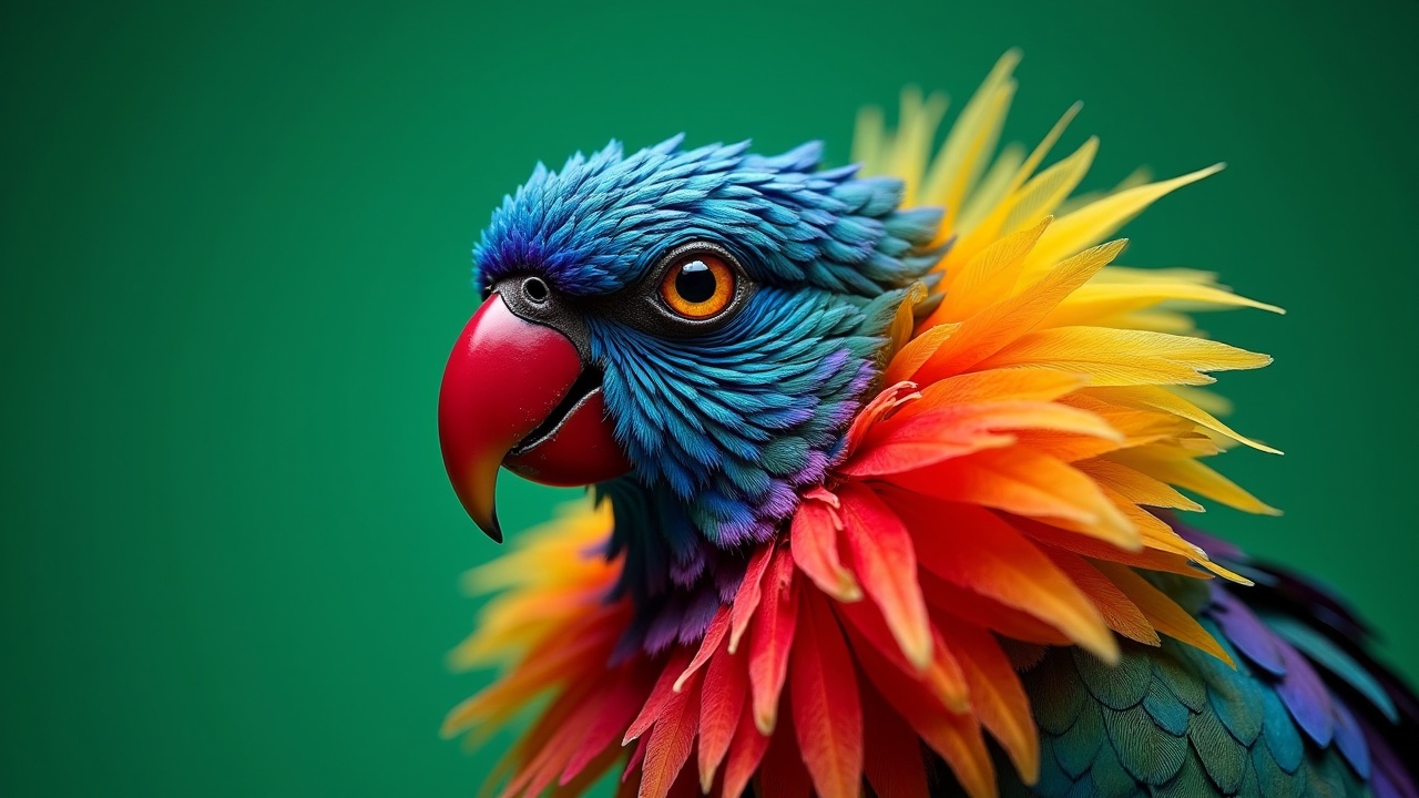 This image features a close-up view of a strikingly colorful parrot against a solid green background. The parrot's plumage is a vivid mix of blue, orange, red, and yellow, creating a dramatic contrast with the intense red of its beak. The bird's eye is expressive, adding character and depth to its dynamic appearance.