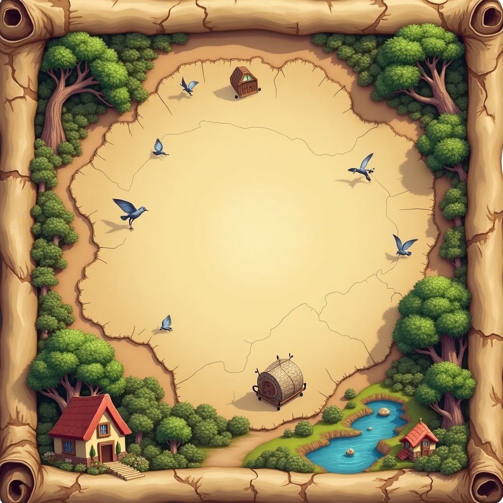 A treasure map with a decorative border. Contains landmarks like houses trees ponds and cabins. Features birds and a cart. Provides a playful and imaginative theme.