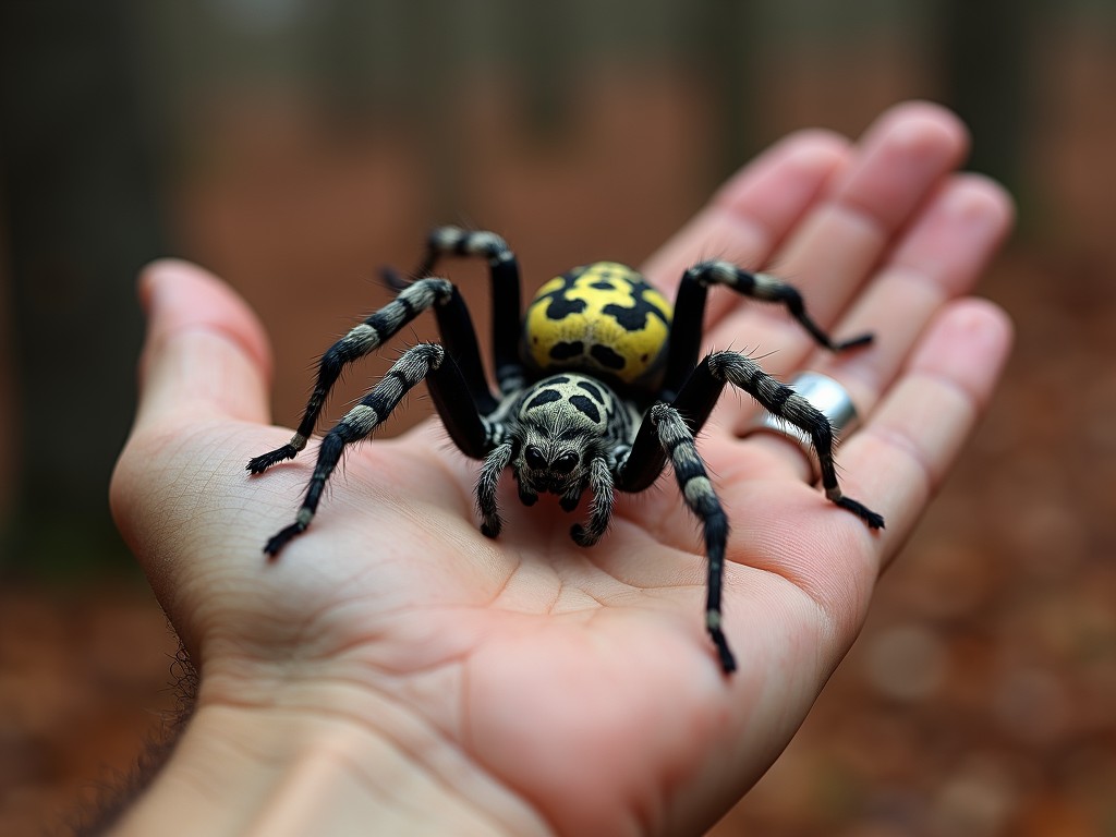 A realistic image depicting a vividly colored spider resting gently on a person's open palm. The spider has a striking yellow and black pattern on its back, creating a high contrast against the blurred, earthy background of a forest. The image captures both the delicate details of the spider's body and the texture of the human hand, highlighting a curious encounter between human and nature.