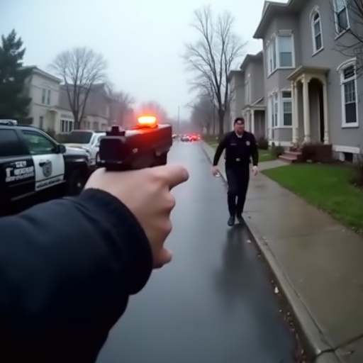 First-person perspective from a police officer's body cam. Gun is pointed at a suspect who is running away. Crime scene on a foggy day. Police car parked nearby. Law enforcement visible on the streets. The image embodies a tense moment in an active situation.