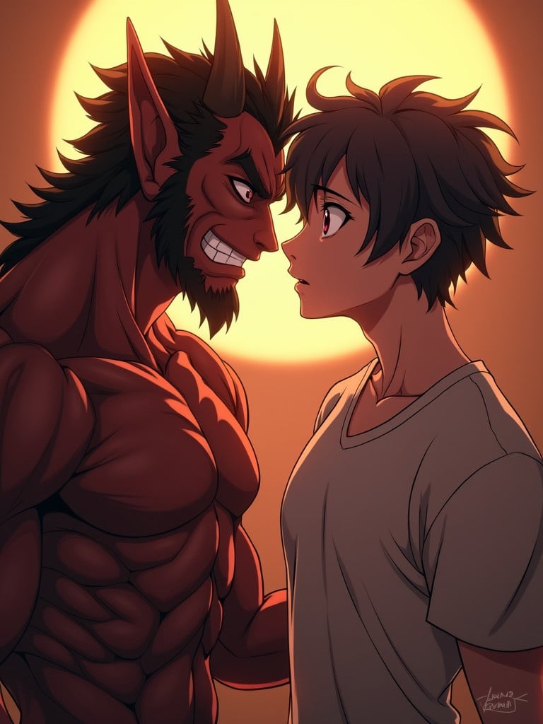 Anime style image of a muscular male demon interacting closely with a human teen. The demon has sharp features with pointed ears and horns. The human teen shows signs of shyness or embarrassment. Warm light enhances their expressions. Characters have defined muscles and are engaged in a tense moment.