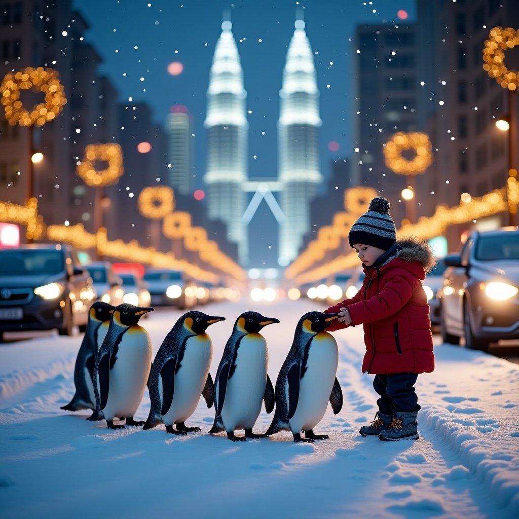 A child in a red coat pets a penguin. Penguins waddle in snow. Background shows Petronas Towers with twinkling lights. Cars line the street. The scene is filled with holiday spirit and magic.