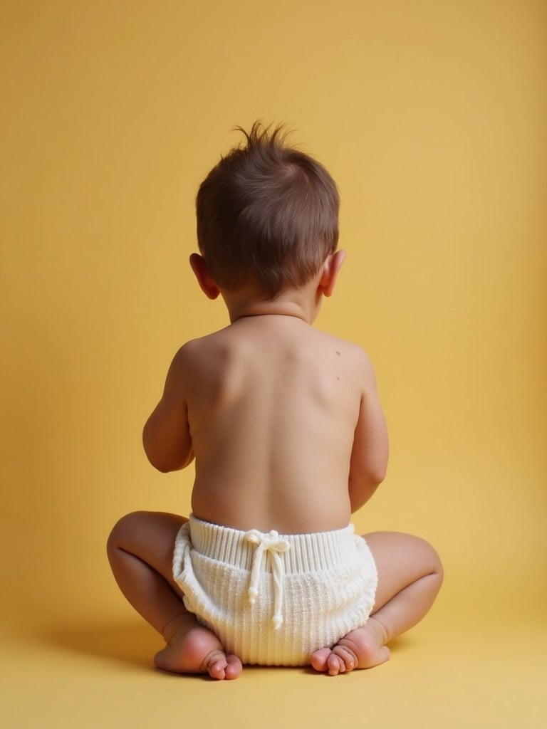 A baby boy is sitting down with his back facing the camera. The background is a solid yellow color. The baby is wearing a soft white outfit. The focus is on the baby's back view.