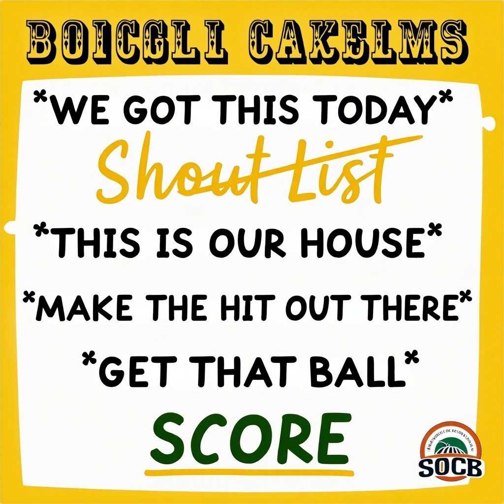 This image is a motivational shout list for kids involved in sports. It encourages team spirit and positive affirmations. The main phrases include 'We got this today,' 'This is our house,' 'Make the hit out there,' 'Get that ball,' and 'Score!' The design is bright and engaging, suitable for a youthful audience. There's an emphasis on positivity, with negative phrases crossed out, reinforcing a supportive environment.