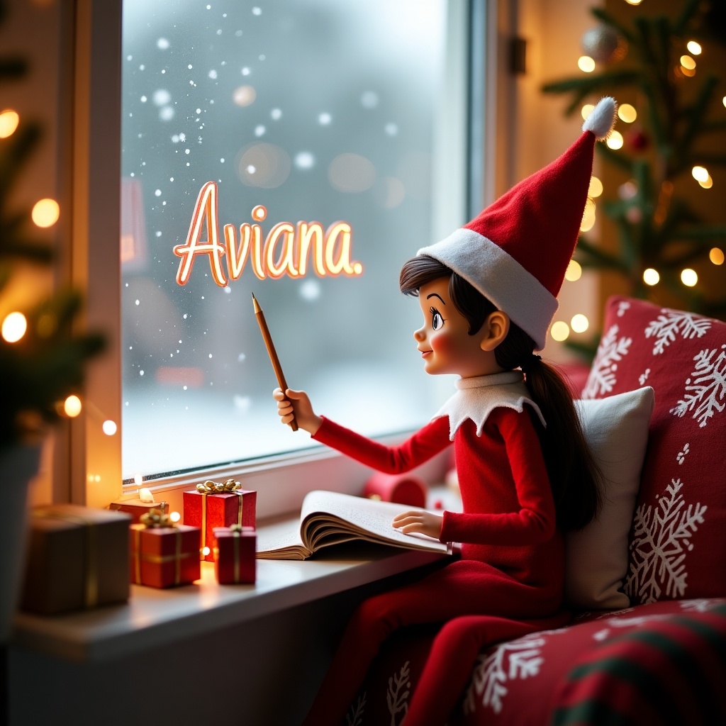 The scene shows a festive elf in a red outfit writing by the window. Surrounding Christmas decorations add a holiday touch. The elf uses a wand to write in the sky. Soft warm lights create a cozy atmosphere. Snowy scenery is visible outside the window.