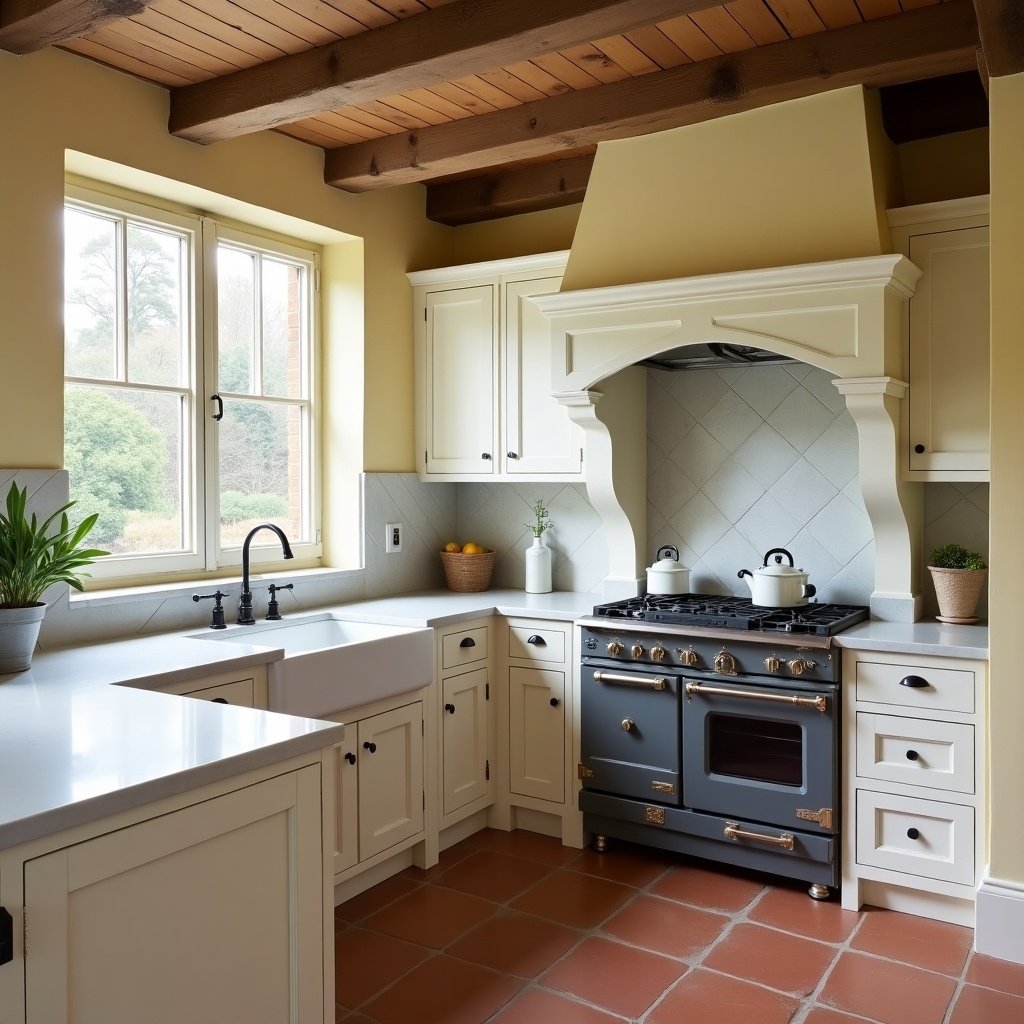 L-shaped kitchen with antique French gloss terracotta floor. Ceiling has wooden beams. Walls are beige or light yellow. White classic old English style wooden cabinets. Marble carrera countertop. Backsplash next to freestanding Ilve stove is a mirror, other surfaces are marble.