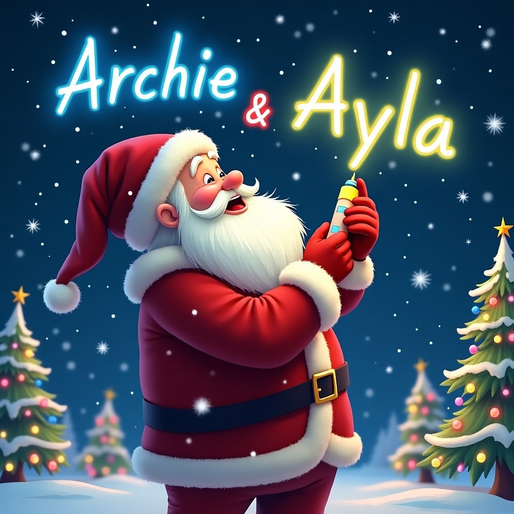 Christmas theme with Santa Claus writing names in the sky. Joyful activity featuring Archie and Ayla. Sparkling snowflakes fall around. Twinkling Christmas trees are in the background. Santa is in his traditional red suit with a white beard. He looks delighted at his work. Colorful glow adds magic to the scene. Essence of holiday cheer and personal touches is captured.