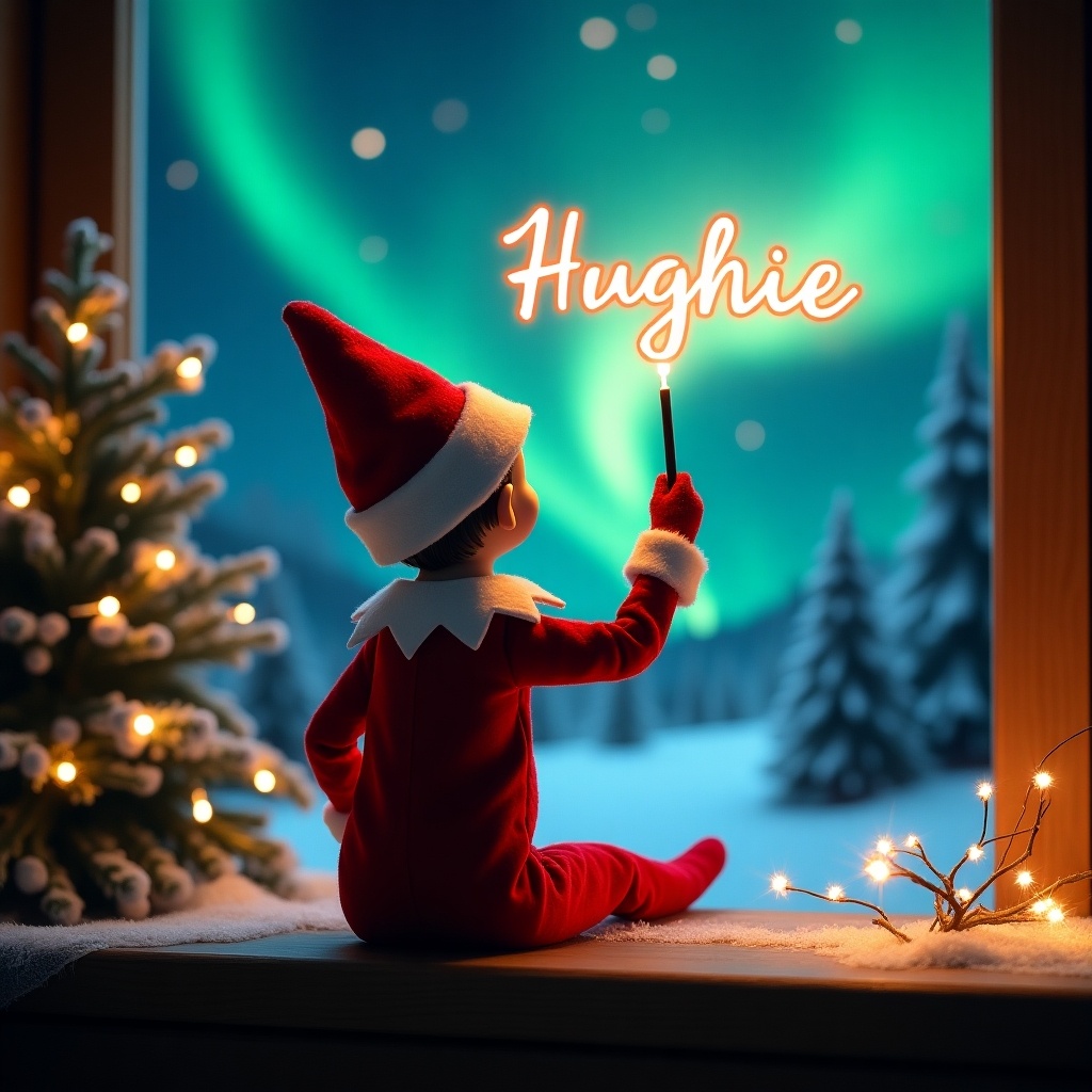 An enchanting Christmas scene depicting an elf on the shelf named Hughie. The elf, dressed in classic red and white attire, is sitting with his back to the viewer. He is using a magic wand to write the name 'Hughie' in glowing letters. The background is a breathtaking display of northern lights, casting a vibrant glow across the scene. It captures the essence of the holiday season with a whimsical, festive spirit, evoking feelings of wonder and joy.