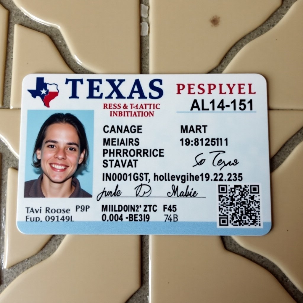 This image features a Texas ID card laid flat on a tiled surface. The ID card is predominantly blue and white, displaying various personal details. Key information includes a photo, identification number, and name. The card is part of the identity verification process in Texas. The surrounding tiles provide an interesting background texture, contrasting with the smooth surface of the ID card.