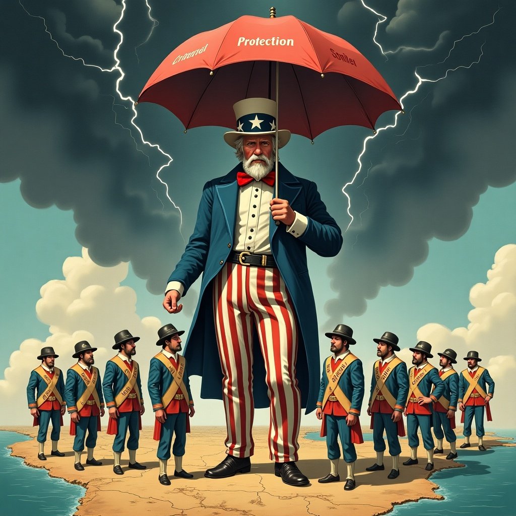 A towering Uncle Sam stands on a South American map. He has 'Monroe Doctrine' on his chest and holds an umbrella labeled 'Protection'. Small figures of South American republics look uneasy. Storm clouds labeled 'European Empires' loom in the background.