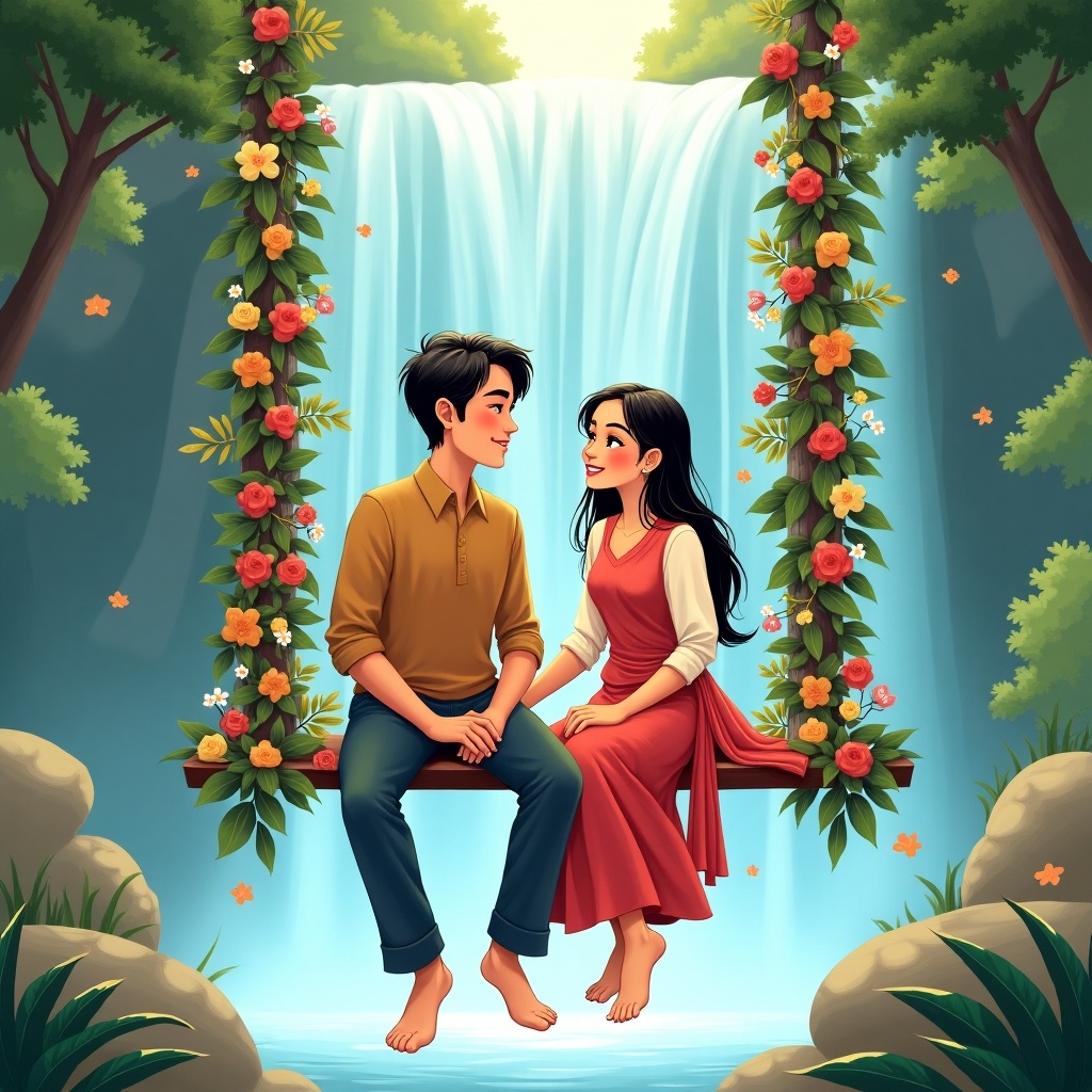 Vibrant illustration of two characters sitting on a floral swing by a waterfall. Characters are in traditional attire. Joyful expressions show connection. Dreamy natural surroundings create a serene atmosphere.