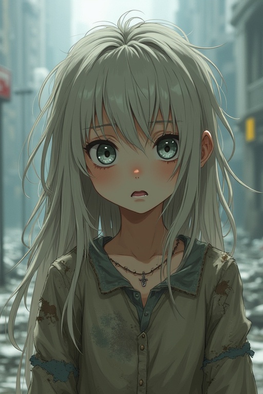 Teenage girl in anime style with pale skin and long messy ash-blonde hair. She has large gray eyes showing confusion and fear. Wearing tattered clothing in patchwork style, with a slightly slumped posture. The setting is post-apocalyptic with a soft lighting effect. Emphasis on her fragile and otherworldly expression.