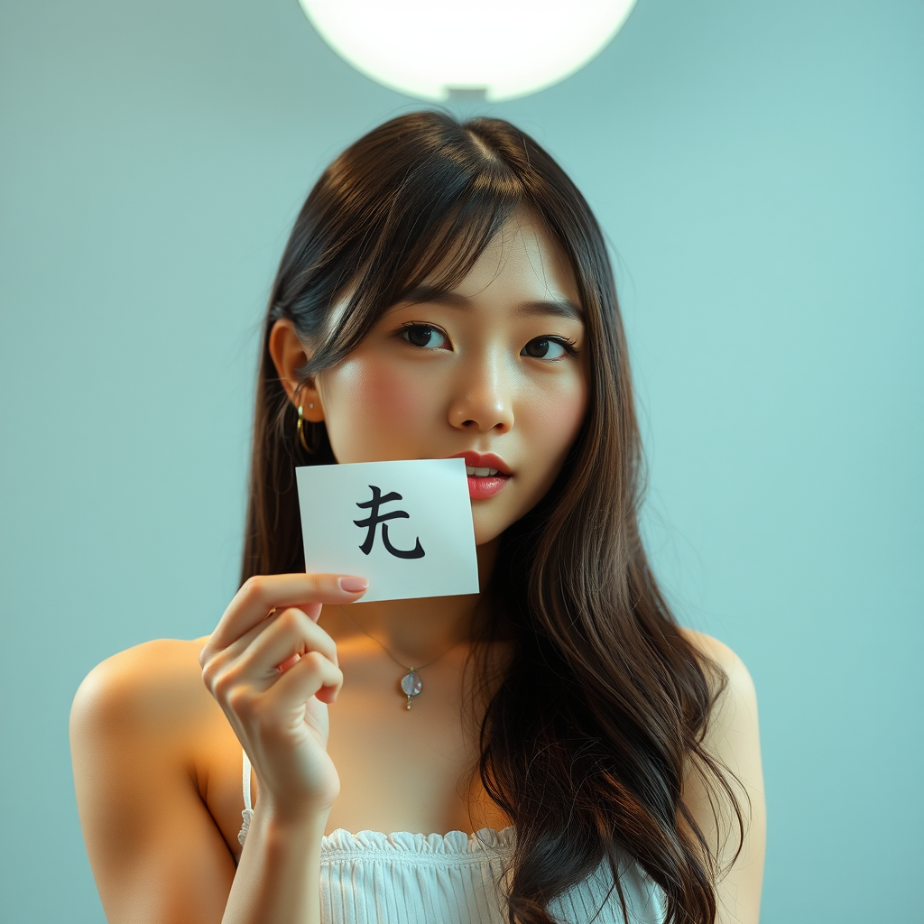 A woman with long hair holds a card with Chinese characters in front of her face.