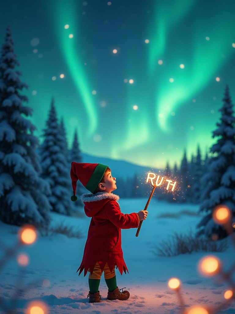 Cheerful scene with a child in an elf costume gazing at the night sky. Child spells 'RUTH' with a wand. Backdrop features northern lights and a snowy landscape. Foreground includes glowing fairy lights. Evokes holiday joy and wonder.