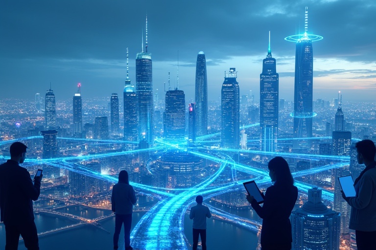 Futuristic city skyline viewed at twilight. Tall buildings illuminated by blue lights. People using devices overlooking the city. High angle view shows roads interconnecting. Wireless technology represented by glowing lines.