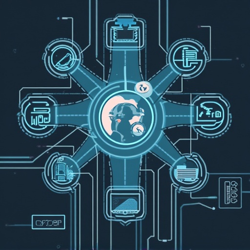 Interface of a digital tool depicting a user in the center. Surrounding icons represent various features and services. All elements connected through lines indicating interaction. The design is modern and technology-focused.