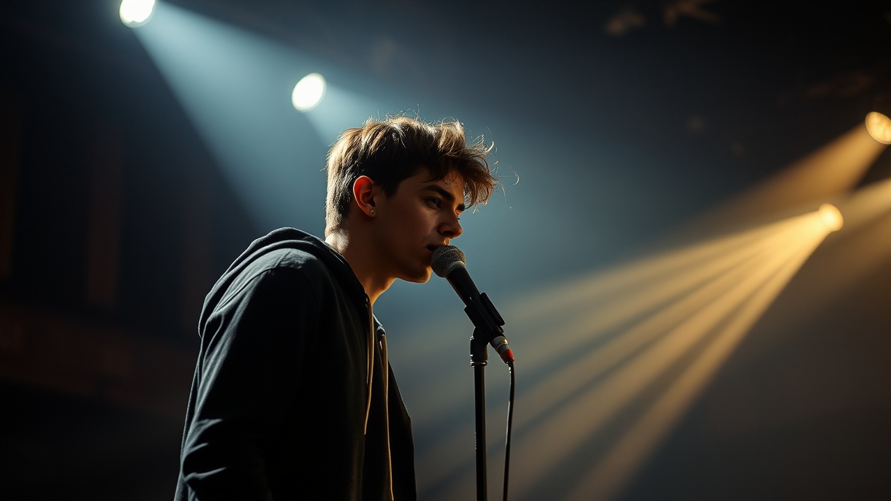 A young man singing into a microphone on stage, illuminated by dramatic spotlights, creating a moody ambiance.