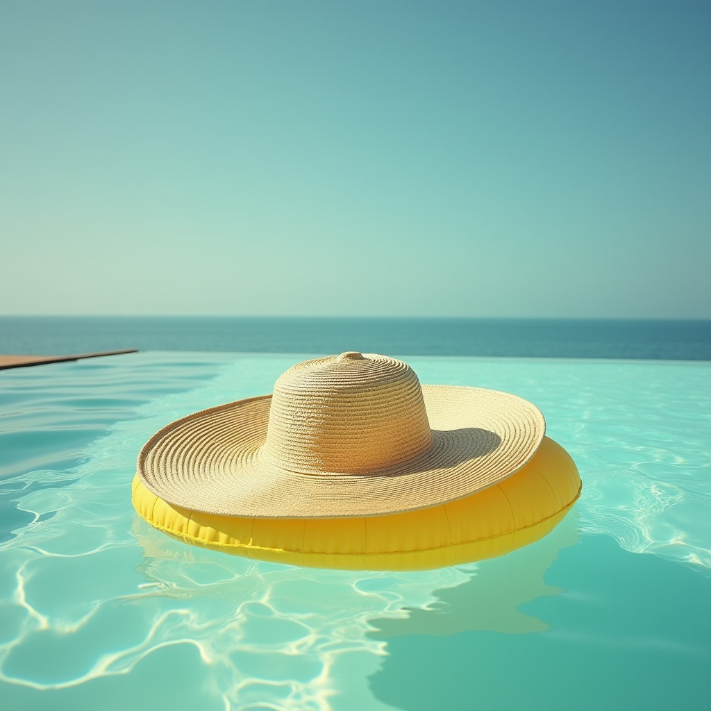 A sun hat floating on a yellow inflatable ring in a pool with an ocean view.