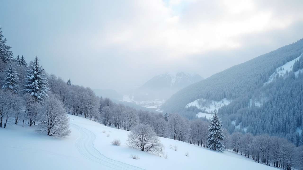 A breathtaking winter landscape showcasing a bird's-eye view of snow-covered mountains. Delicate snowflakes fall gently over the serene terrain, creating a picturesque scene. The mountains appear beautifully dyed white by the fresh snowfall. The landscape is blanketed in snow, with trees lining the hills. Soft light illuminates the scene, enhancing the tranquility of this winter wonderland.