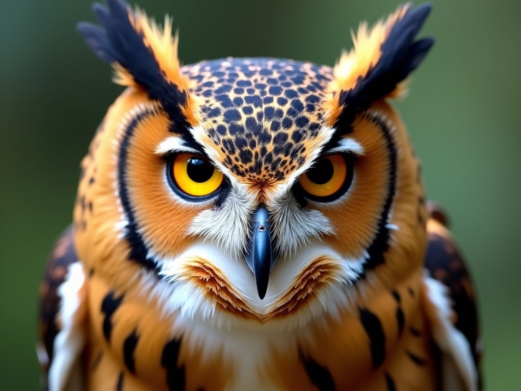 This image features a powerful close-up of a vividly colored owl, showcasing its striking yellow eyes and intricate feather patterns. The owl is captured in soft natural light, emphasizing the vibrant shades of orange and black. The viewer's attention is drawn directly to its intense gaze and detailed plumage. This close-up perspective gives an intimate look at the owl's features. It can be used for various educational and artistic purposes.