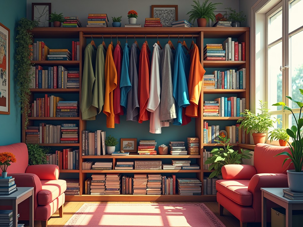 This image depicts a cozy and inviting living space characterized by a well-organized bookshelf filled with books of various sizes and colors. In front of the shelves hangs a collection of colorful garments, adding a touch of whimsy and warmth to the room. The furniture consists of two comfortable pink armchairs, perfectly positioned to create a relaxing reading nook. Lush indoor plants are placed strategically throughout the room, enhancing the vibrant atmosphere. Natural light fills the space, casting soft shadows on the carpet and creating a warm ambiance.