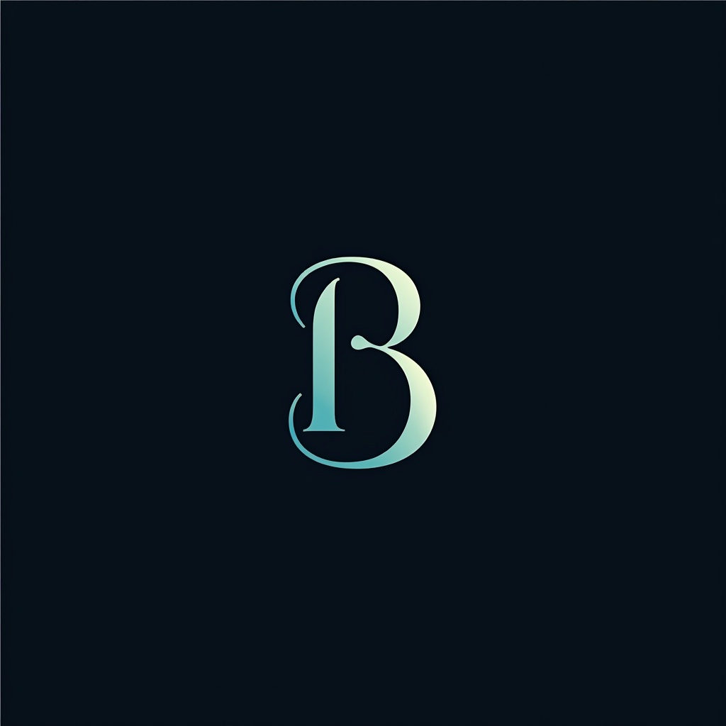 Logo design featuring a grand stylized letter B. Modern font options with luxurious gradient. Layout configurations emphasize balance and creativity. Use blues blacks and teals.