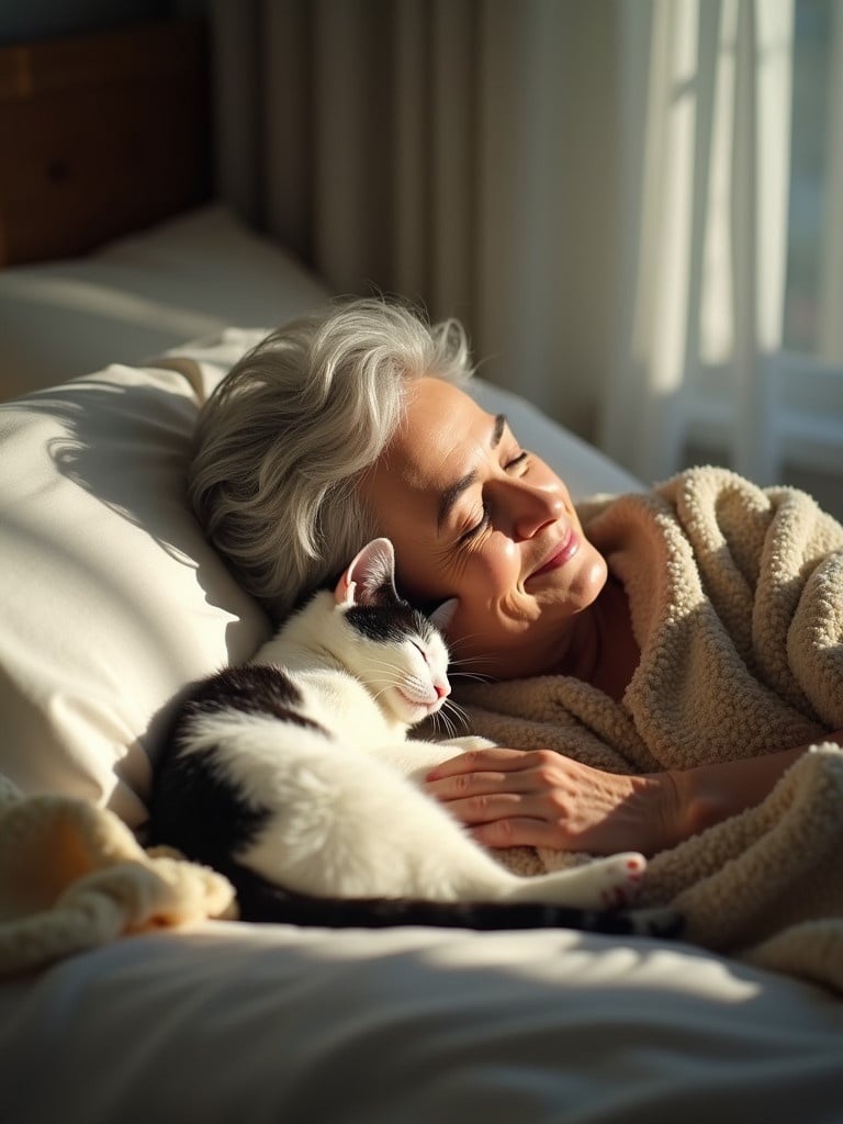 A serene scene of an elderly woman sleeping peacefully. Morning light gently illuminates the setting. Cozy blanket envelops the woman. A white and black kitty sleeps close to her, conveying warmth and calmness.