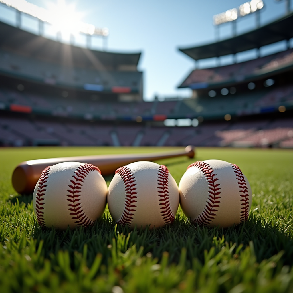 Three baseballs and a bat on grass in an empty stadium.