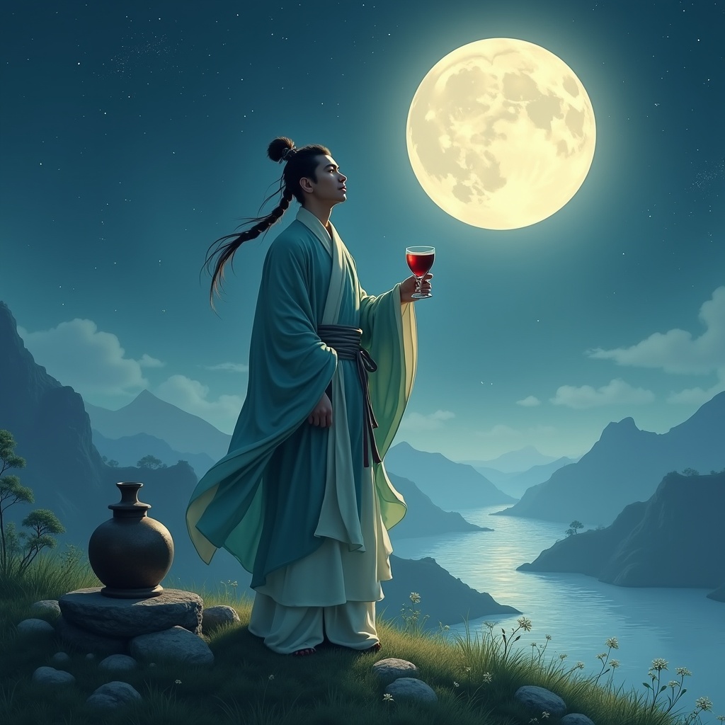 A serene, moonlit night scene set in ancient China. A poet stands on a grassy hill under a large, glowing full moon. He gazes up at the sky with an expression of awe. In one hand, he holds a cup of wine. A jar of wine is nearby on a stone. He wears flowing traditional robes. Distant mountains and a calm river reflect the moonlight. The atmosphere is calm and ethereal, capturing the beauty of nature and the poet’s inner feelings. The night sky is filled with stars.