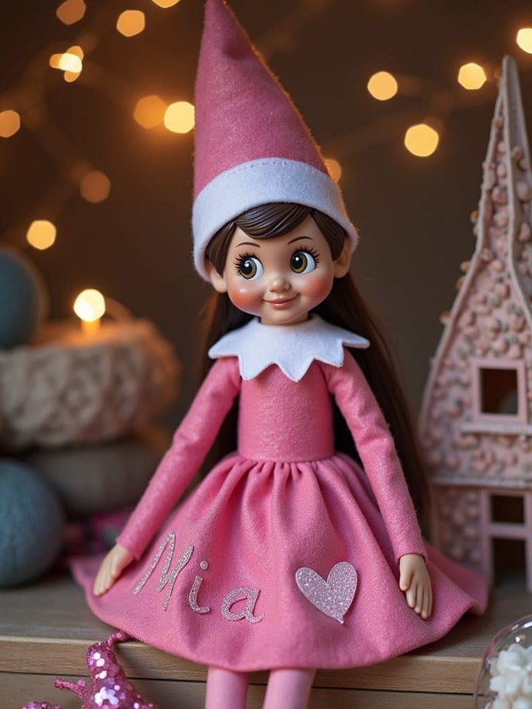 A festive elf doll designed with a pink dress. The dress features the name 'Mia' in sparkling letters. Doll has brown eyes and wears a matching pink hat. Decorated with soft lights and a holiday-themed background.