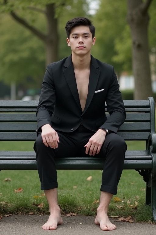 Young man sitting barefoot on park bench wearing a suit. Model poses to highlight bare feet. Natural setting with greenery.