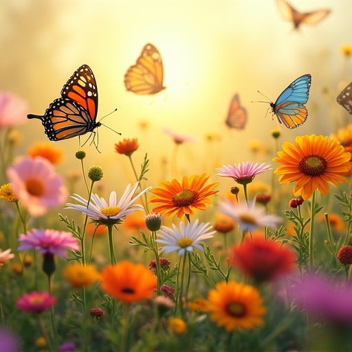 A vibrant field of wildflowers in full bloom surrounded by butterflies. The scene is illuminated by warm sunlight. The flowers include daisies, poppies, and sunflowers, with clusters of red berries. Butterflies in blue, orange, and yellow flutter above the flowers. The focus is on the foreground with a soft blur in the background.