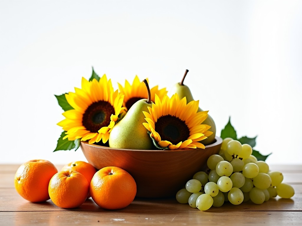 The image features a beautifully arranged bowl of fruits with colorful sunflowers. In the bowl, there are green pears nestled among vibrant sunflower blooms. To the side, fresh green grapes and bright oranges add to the colorful display. The setting has a clean, light background that enhances the vivid colors. This composition embodies a fresh and healthy lifestyle, perfect for any kitchen or dining area.