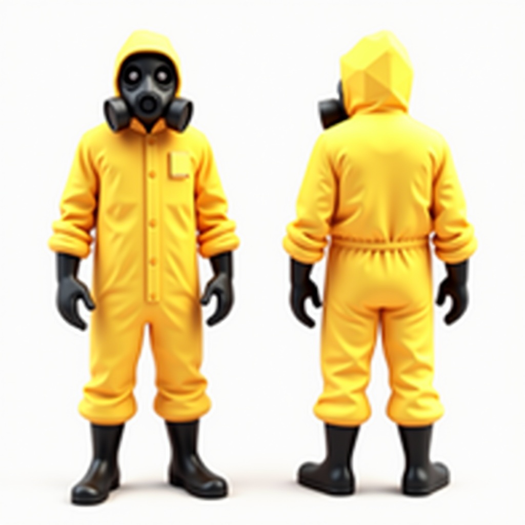 A 3D low-poly character designed with simplified polygons. Character wears a yellow hazmat suit with a black mask, black gloves, and boots. Character displays a corporate personality and has a simple bright suit. The design showcases front view side view back view and 3/4 view. The background is plain white for suitability in animation and game development.