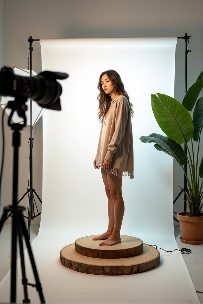 A woman stands on wooden platforms in a photography studio with soft lighting and a backdrop.