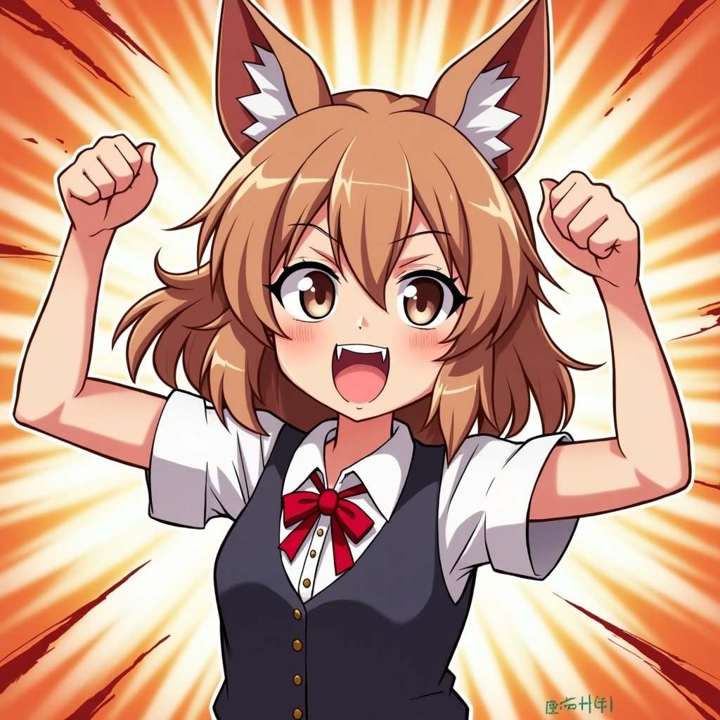 Character exhibiting anger. Raised fists directed forward. Bright dynamic background radiating energy. Character has animal ears. Clothing includes a white shirt and black vest. Looks determined and cheerful.